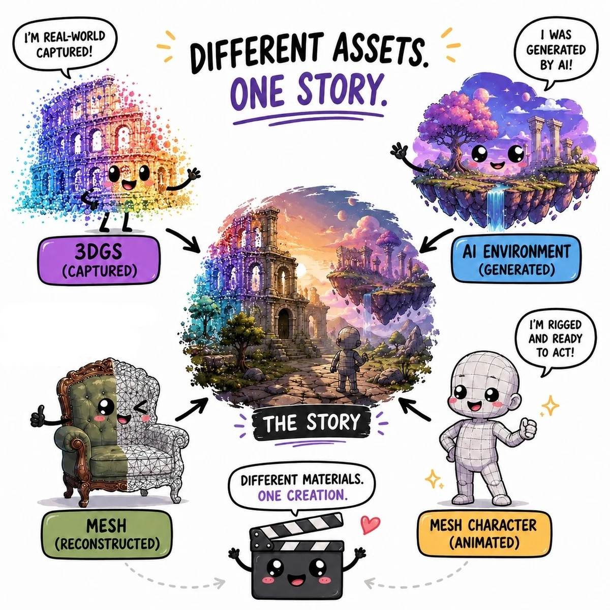 Different assets, one story: captured 3DGS, an AI-generated environment, reconstructed mesh and mesh characters each playing their role in a single scene.