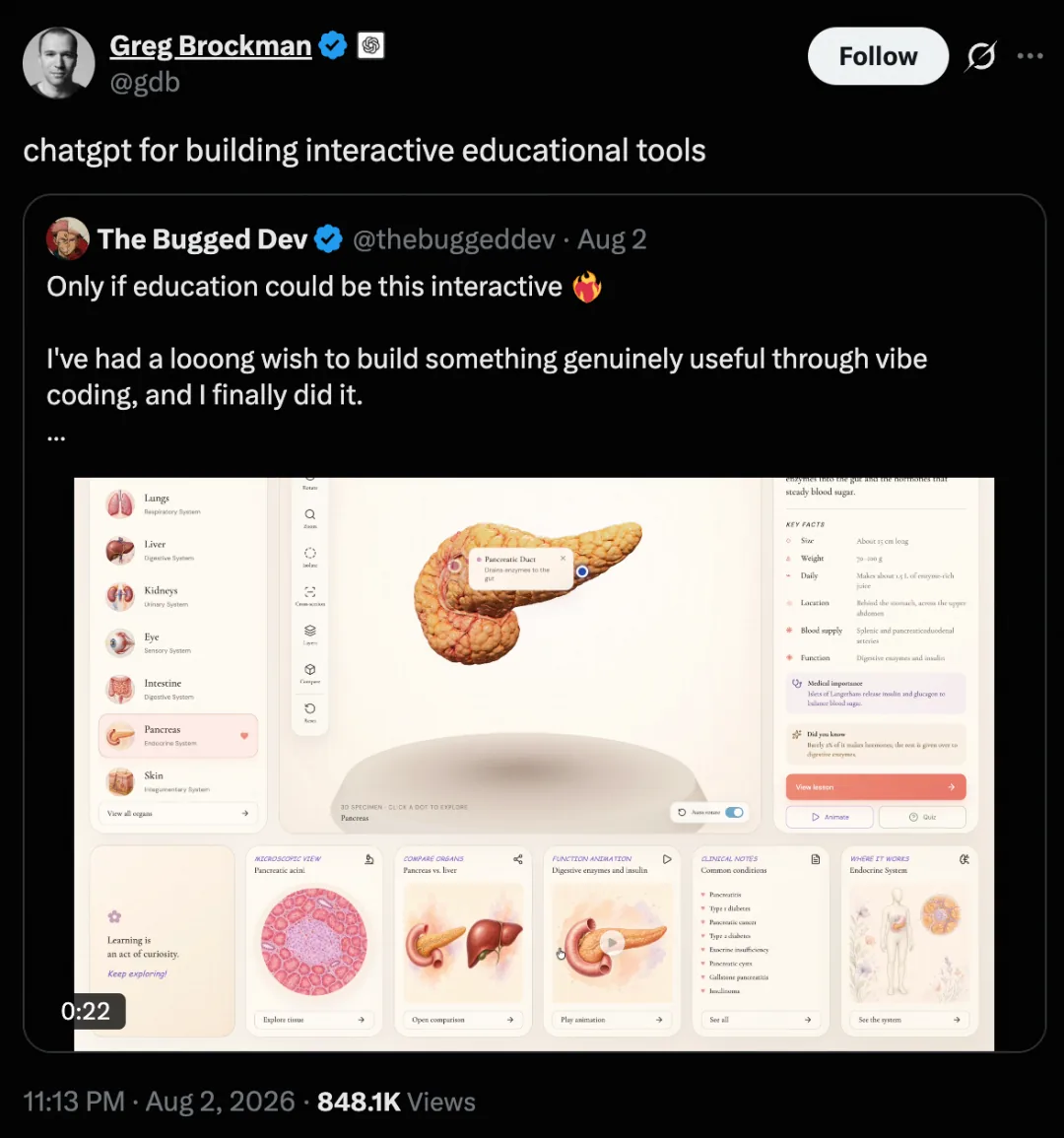 Greg Brockman resharing @thebuggeddev’s human-organ education site, built with Tripo and GPT