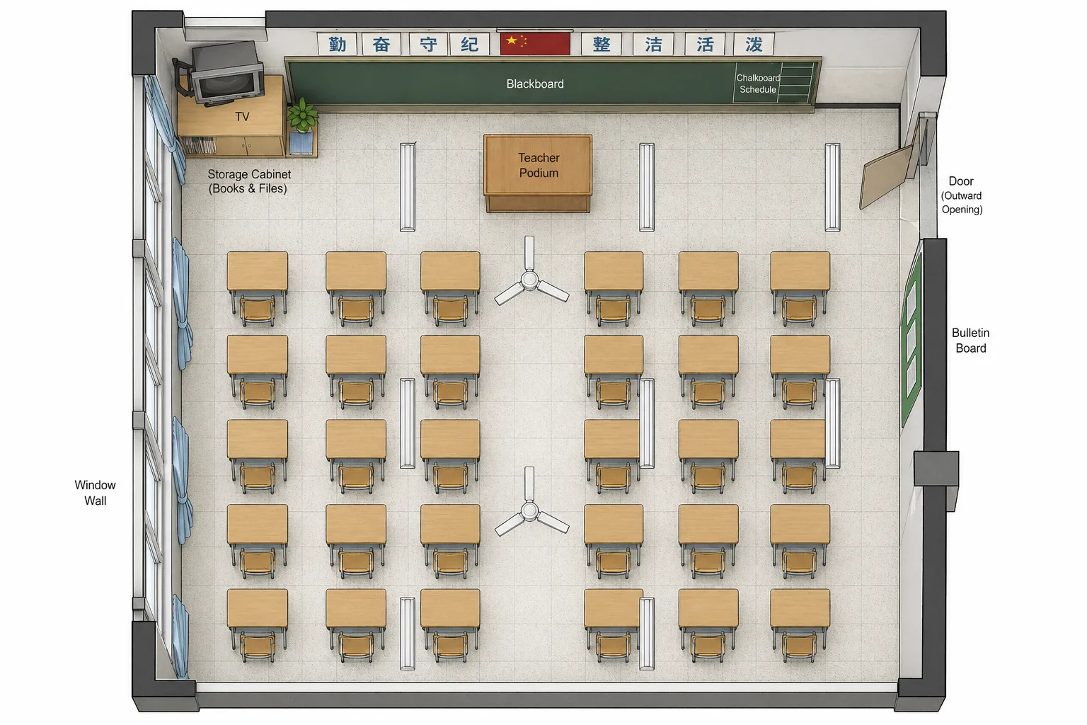 Codex-generated top-view reference: blackboard, podium, desk grid, doors, windows and lockers all at a glance