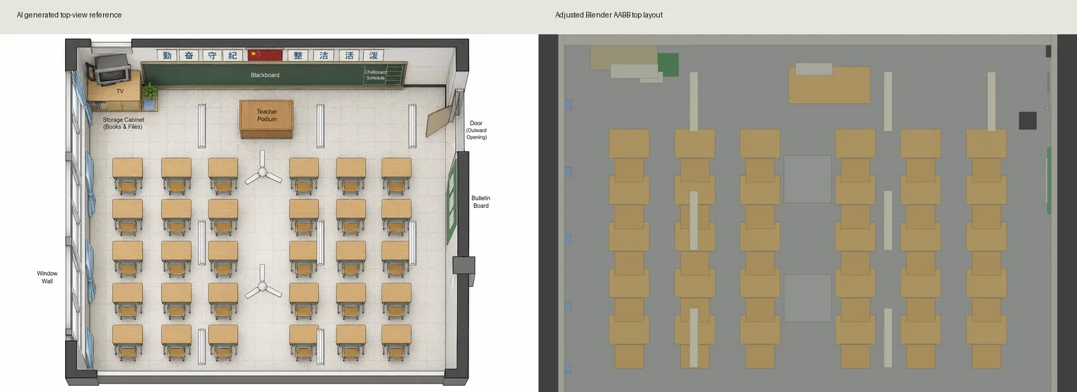 Left: AI top-view reference; right: the aligned AABB layout in Blender
