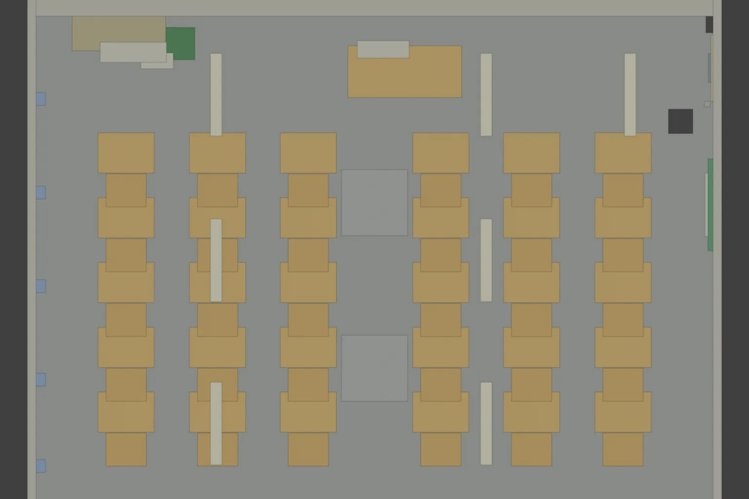 AABB blockout, top view: desk grid, podium and lockers all in place