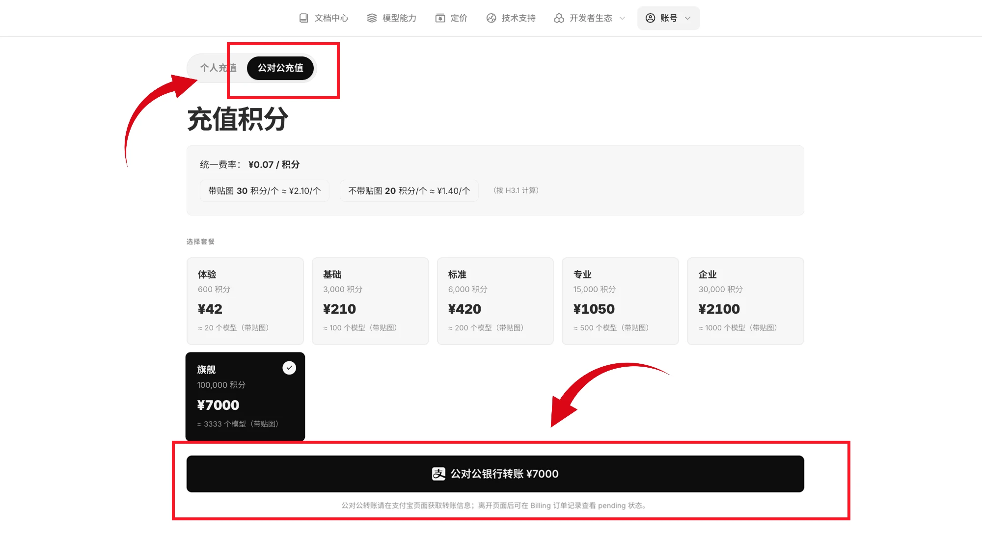 步骤 2：充值弹窗切换到公对公充值并选择套餐，底部为公对公银行转账按钮