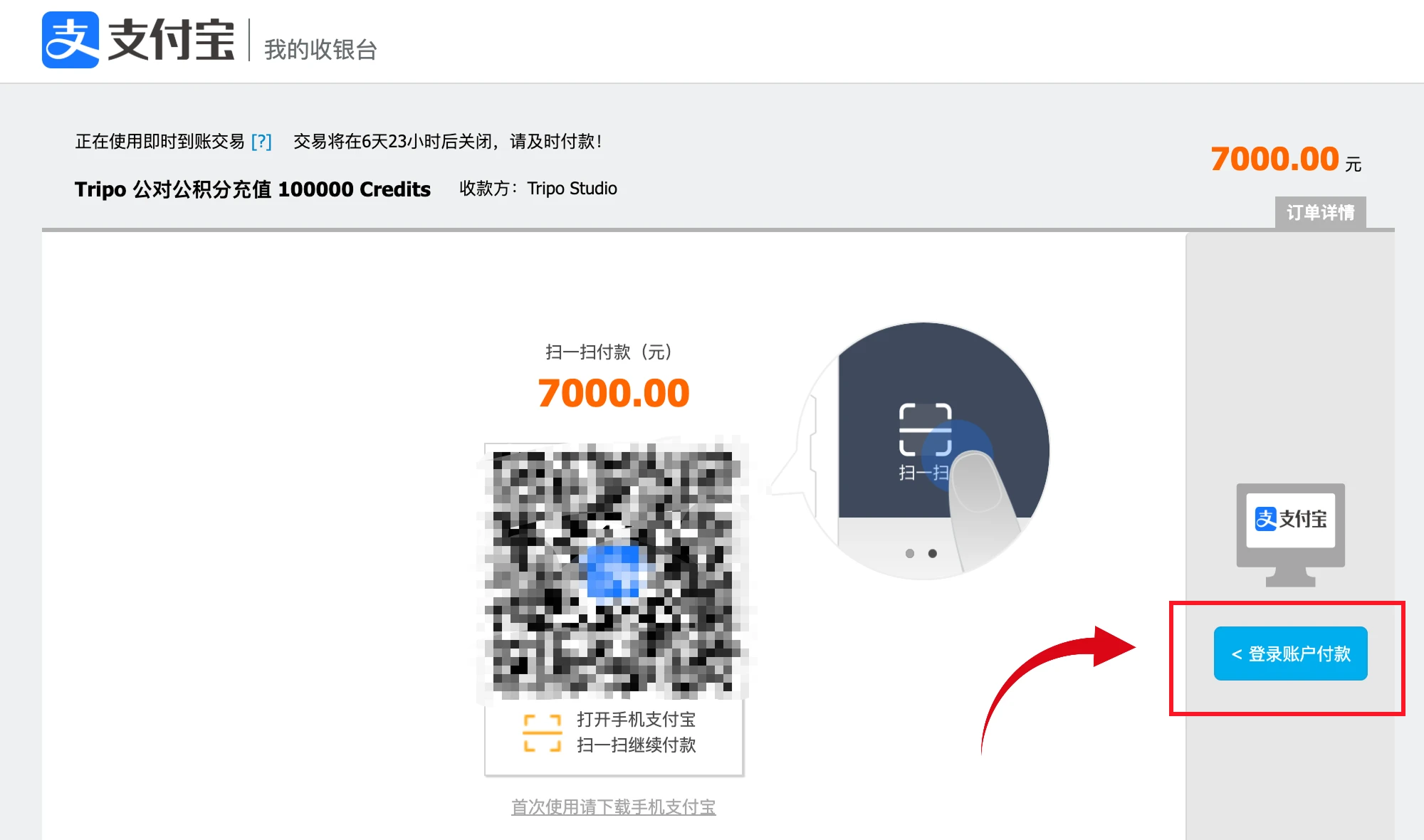 步骤 3：支付宝收银台展示订单信息，右侧为登录账户付款入口
