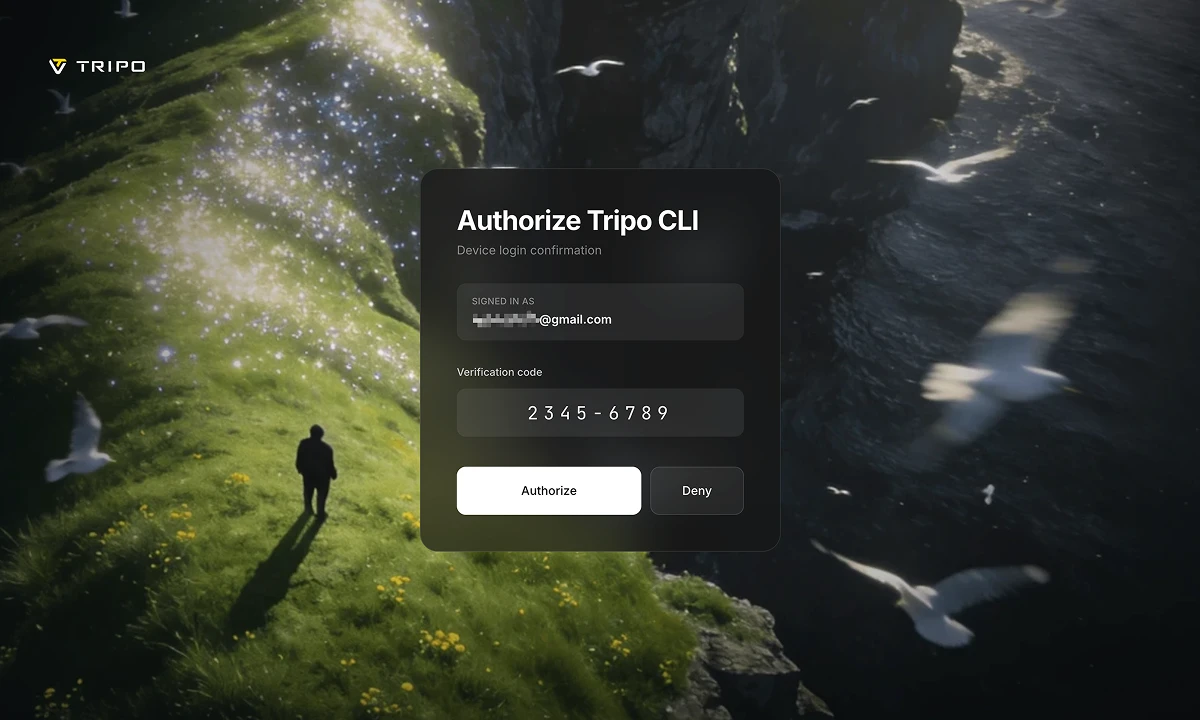 Tripo CLI browser device-authorization page with a verification code