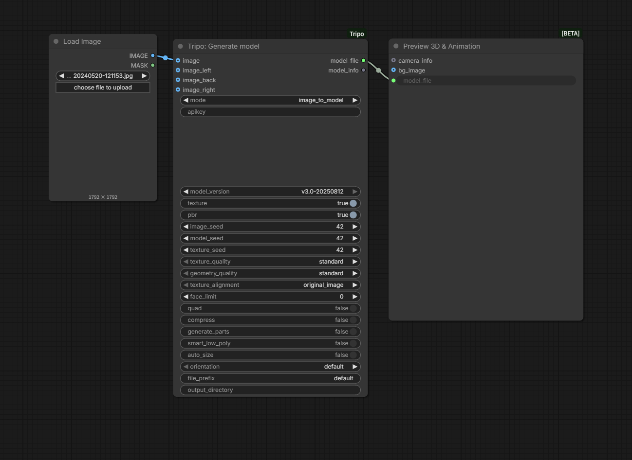 ComfyUI image-to-mesh workflow connecting Load Image, Tripo Generate model, and Preview 3D