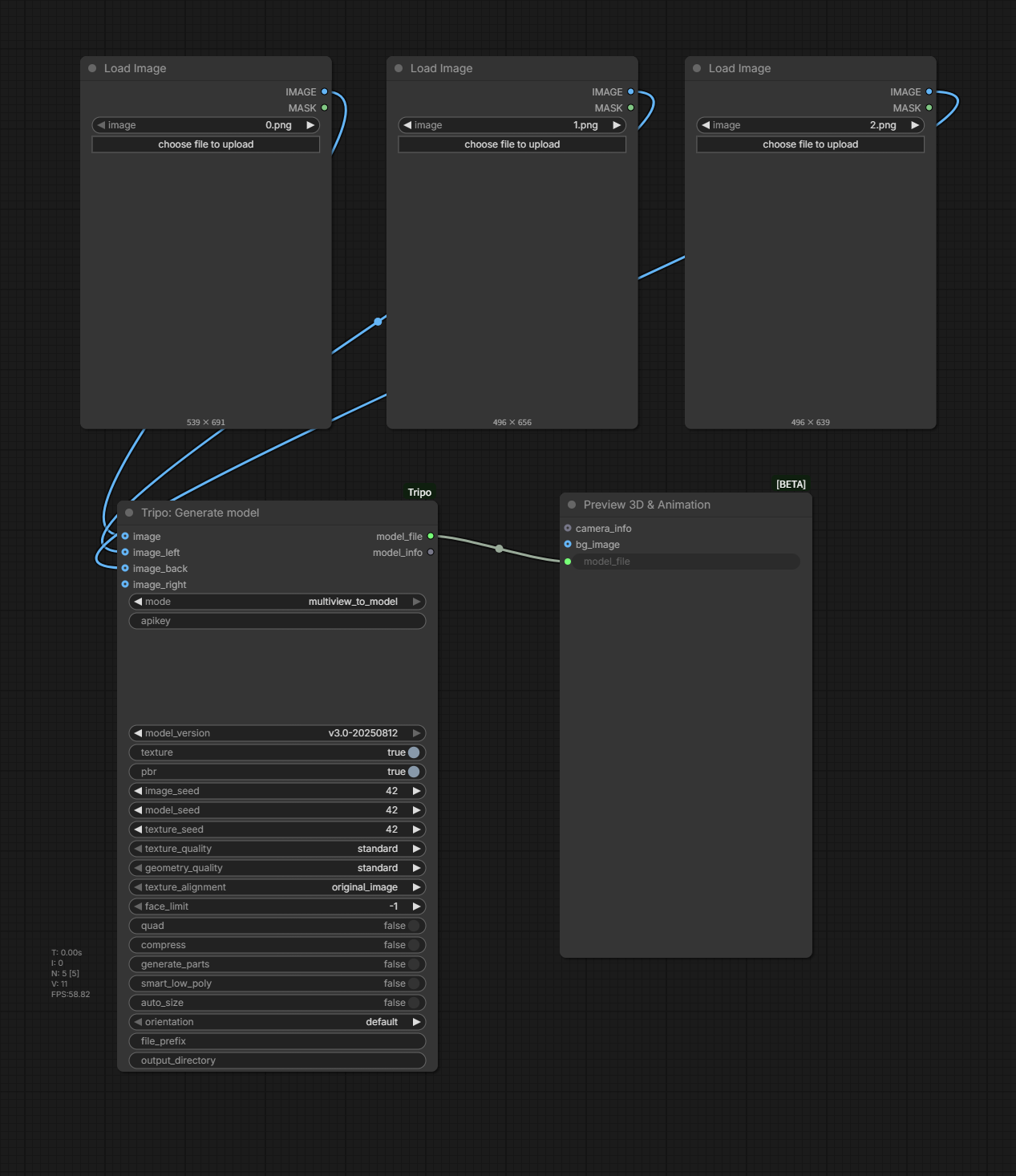 ComfyUI multiview workflow connecting three Load Image nodes to Tripo Generate model and Preview 3D