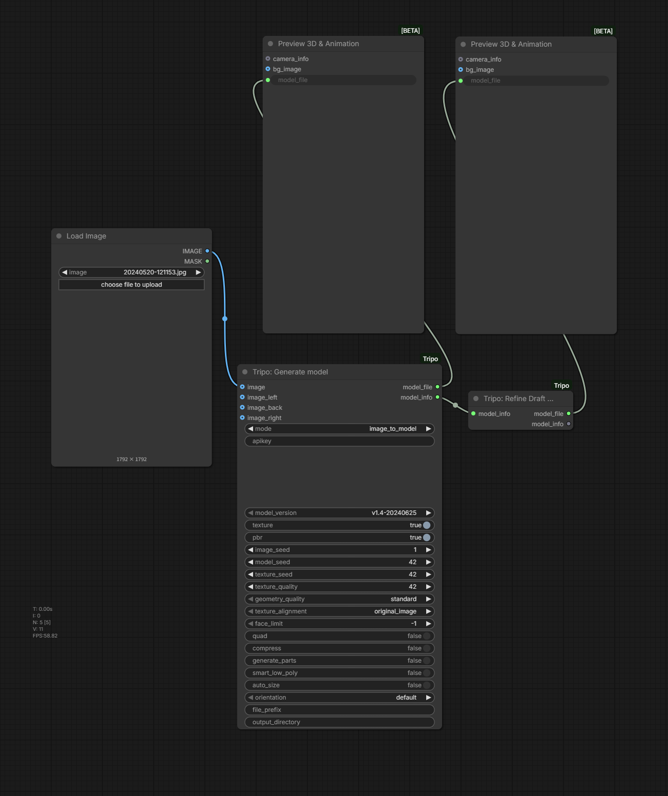 ComfyUI workflow connecting a draft Generate model task to Refine Draft model and Preview 3D