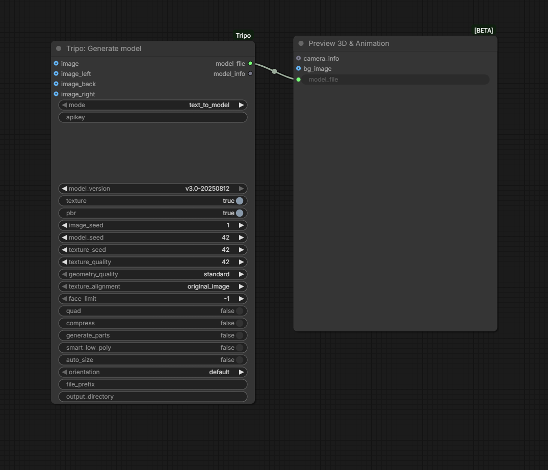 ComfyUI text-to-mesh workflow connecting Tripo Generate model to Preview 3D