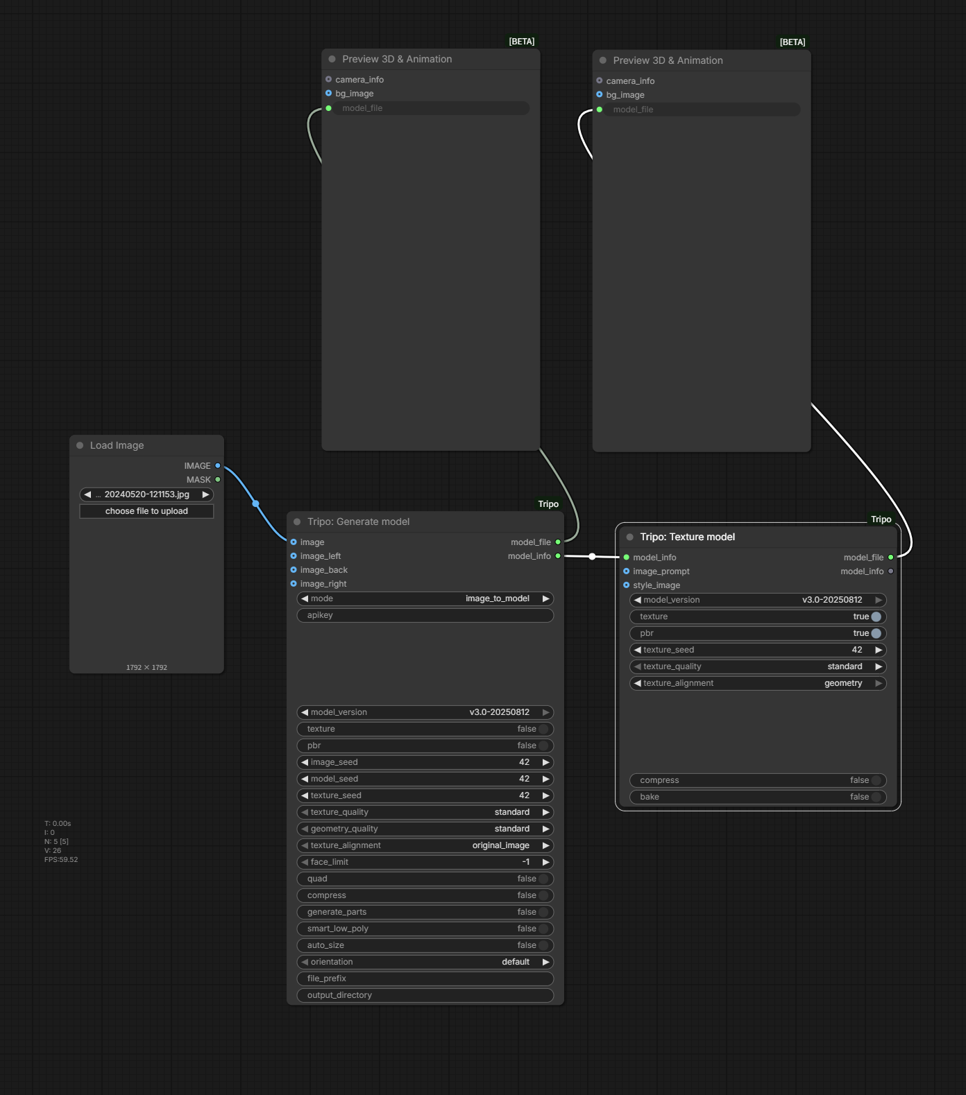 ComfyUI workflow connecting Generate model to Texture model with before and after Preview 3D nodes