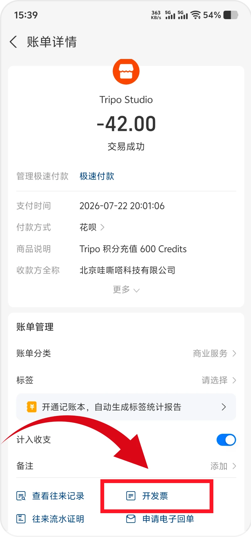Step 2: the issue-invoice entry in the bill management section at the bottom of the bill details page