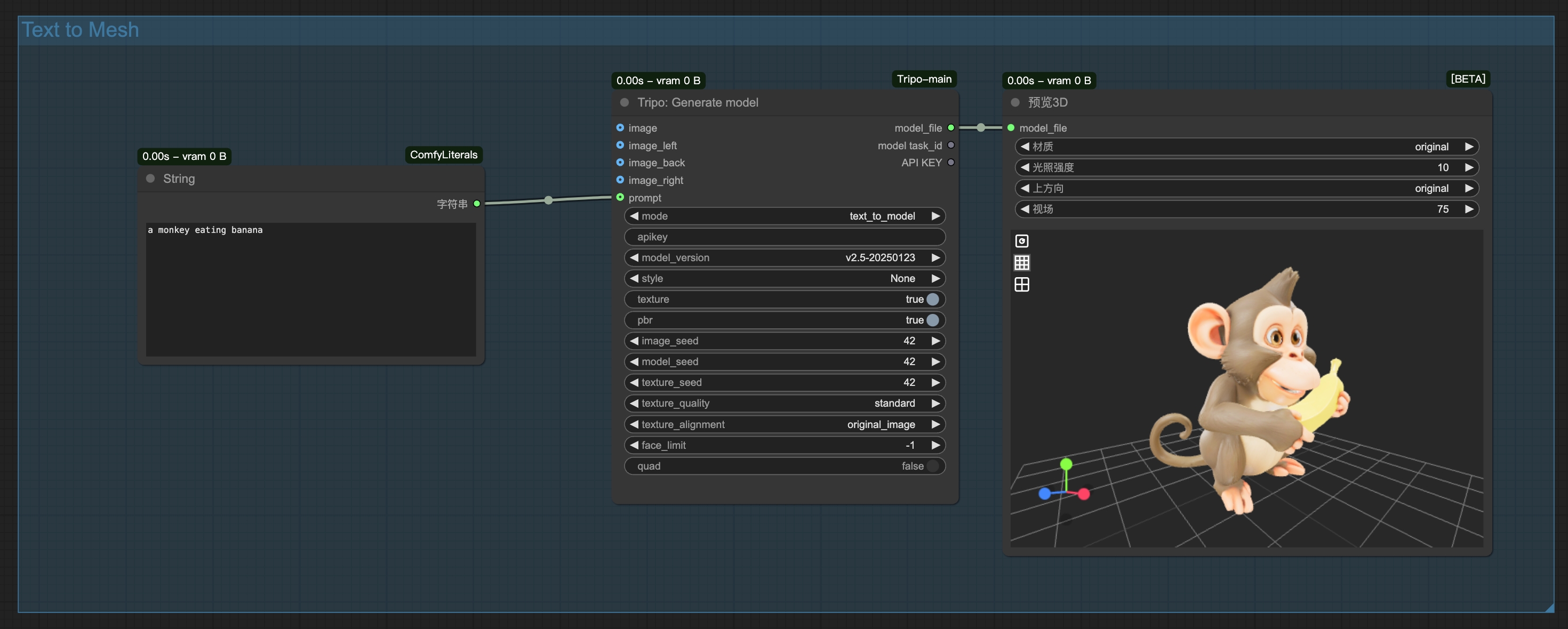 ComfyUI text-to-3D workflow with a generated model preview