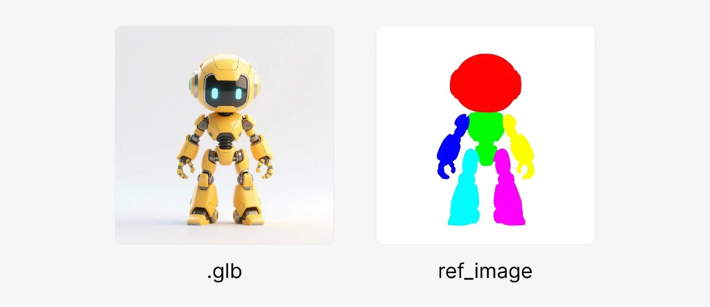 ref_image example: 3D model (.glb) on the left, color-coded segmentation mask (ref_image) on the right